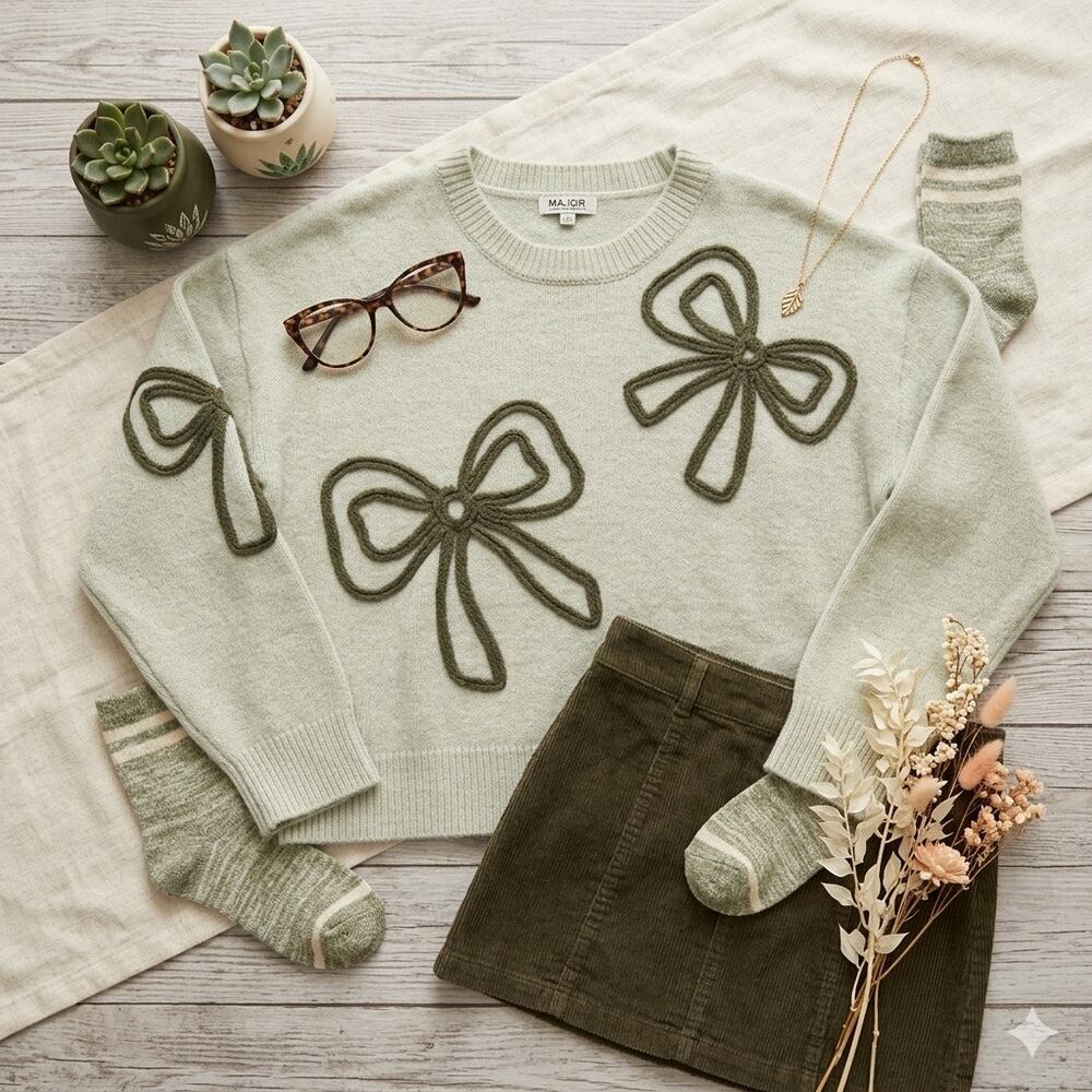 MAJOR Label Group Sage‎ Green Coquette Bow Knit Sweater Medium M
